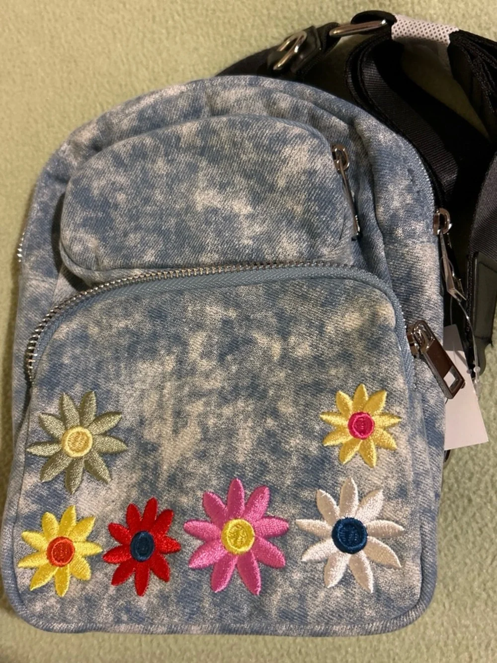 Embroidered Denim-Effect Blue Mini Crossbody Bag